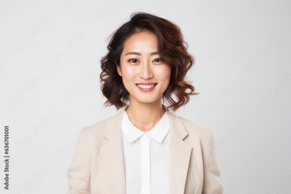 Medium shot portrait of a Chinese woman in her 30s in a white background wearing a chic cardigan Medium shot portrait of a Chinese woman in her 30s in a white background wearing a chic cardigan