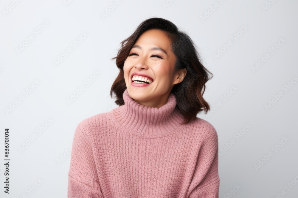 Medium shot portrait of a Chinese woman in her 30s in a white background wearing a cozy sweater Medium shot portrait of a Chinese woman in her 30s in a white background wearing a cozy sweater