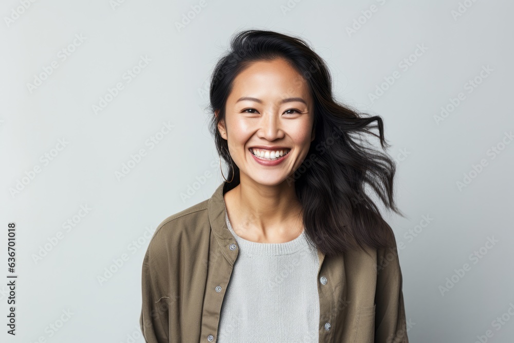 Lifestyle portrait of a Chinese woman in her 30s in a white background wearing a chic cardigan Lifestyle portrait of a Chinese woman in her 30s in a white background wearing a chic cardigan