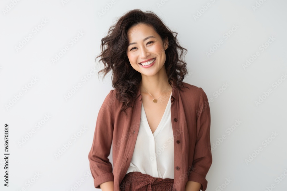 Lifestyle portrait of a Chinese woman in her 30s in a white background wearing a chic cardigan Lifestyle portrait of a Chinese woman in her 30s in a white background wearing a chic cardigan