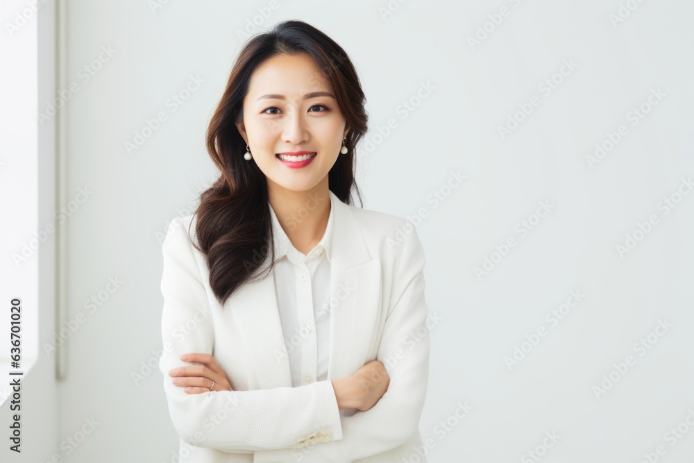 Lifestyle portrait of a Chinese woman in her 30s in a white background wearing a chic cardigan Lifestyle portrait of a Chinese woman in her 30s in a white background wearing a chic cardigan