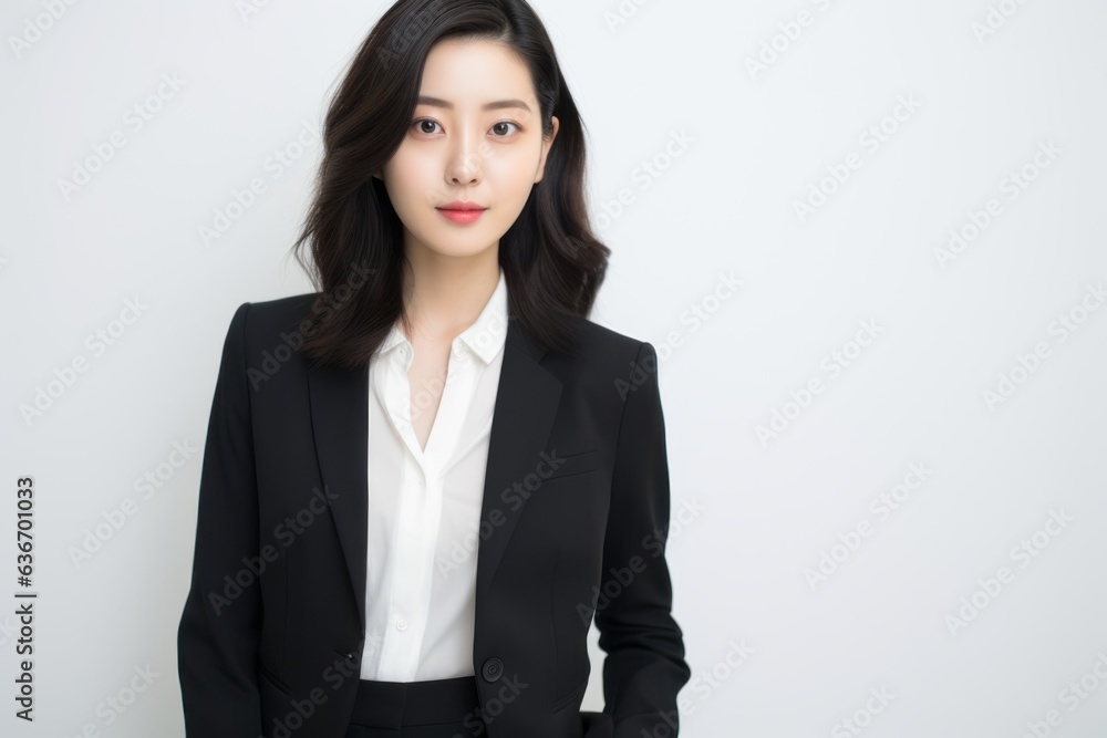 Lifestyle portrait of a Chinese woman in her 30s in a white background wearing a sleek suit Lifestyle portrait of a Chinese woman in her 30s in a white background wearing a sleek suit