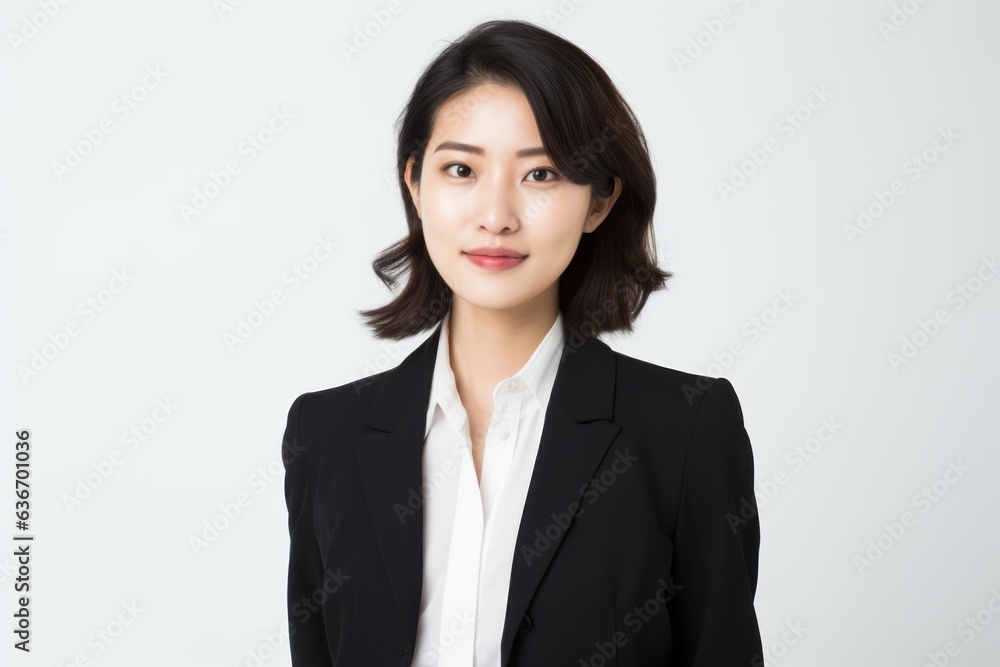 Lifestyle portrait of a Chinese woman in her 30s in a white background wearing a sleek suit Lifestyle portrait of a Chinese woman in her 30s in a white background wearing a sleek suit