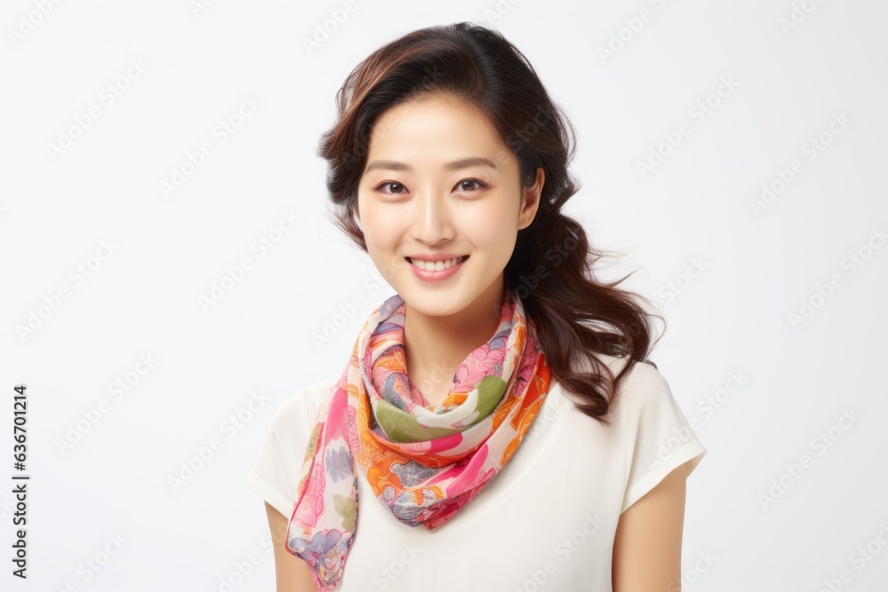 Medium shot portrait of a Chinese woman in her 30s in a white background wearing a foulard Medium shot portrait of a Chinese woman in her 30s in a white background wearing a foulard