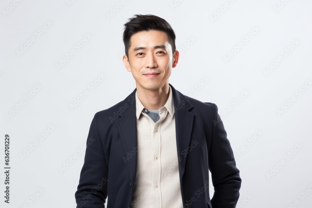 Medium shot portrait of a Chinese man in his 30s in a white background wearing a chic cardigan