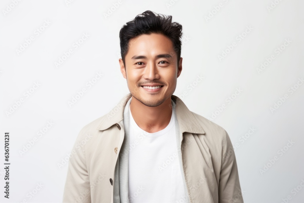 Medium shot portrait of a Chinese man in his 30s in a white background wearing a chic cardigan Medium shot portrait of a Chinese man in his 30s in a white background wearing a chic cardigan