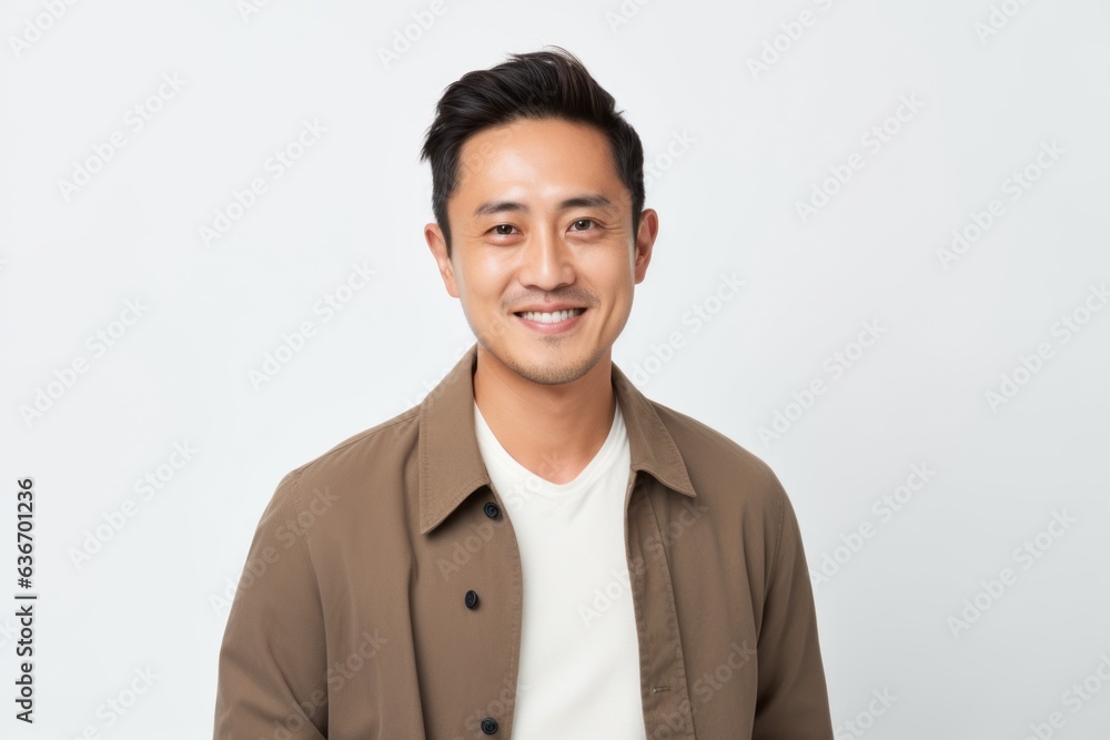 Medium shot portrait of a Chinese man in his 30s in a white background wearing a chic cardigan Medium shot portrait of a Chinese man in his 30s in a white background wearing a chic cardigan