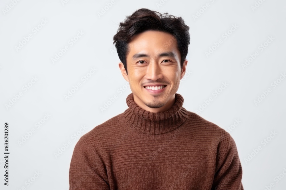 Medium shot portrait of a Chinese man in his 30s in a white background wearing a cozy sweater Medium shot portrait of a Chinese man in his 30s in a white background wearing a cozy sweater