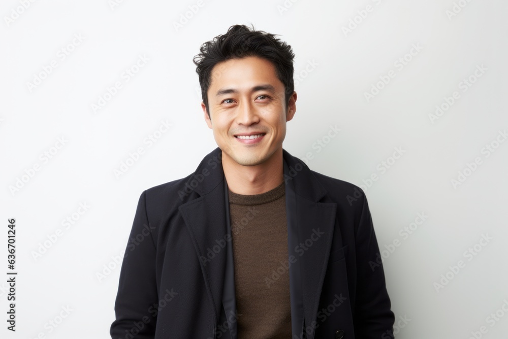 Medium shot portrait of a Chinese man in his 30s in a white background wearing a chic cardigan Medium shot portrait of a Chinese man in his 30s in a white background wearing a chic cardigan