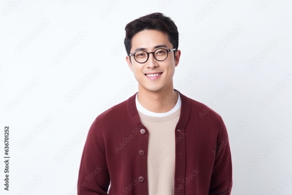Medium shot portrait of a Chinese man in his 30s in a white background wearing a chic cardigan