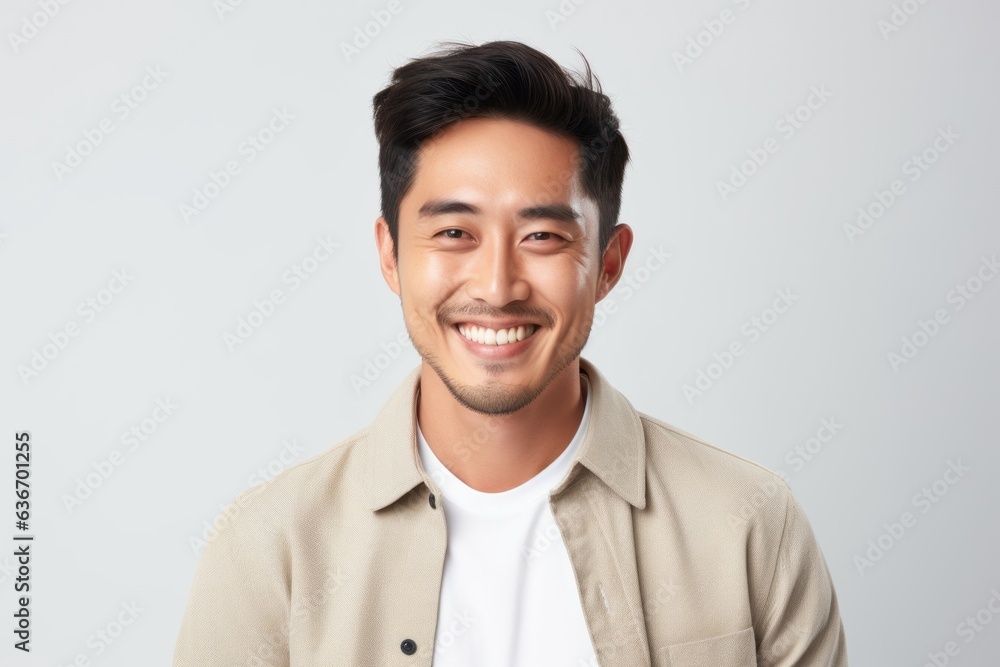 Medium shot portrait of a Chinese man in his 30s in a white background wearing a chic cardigan