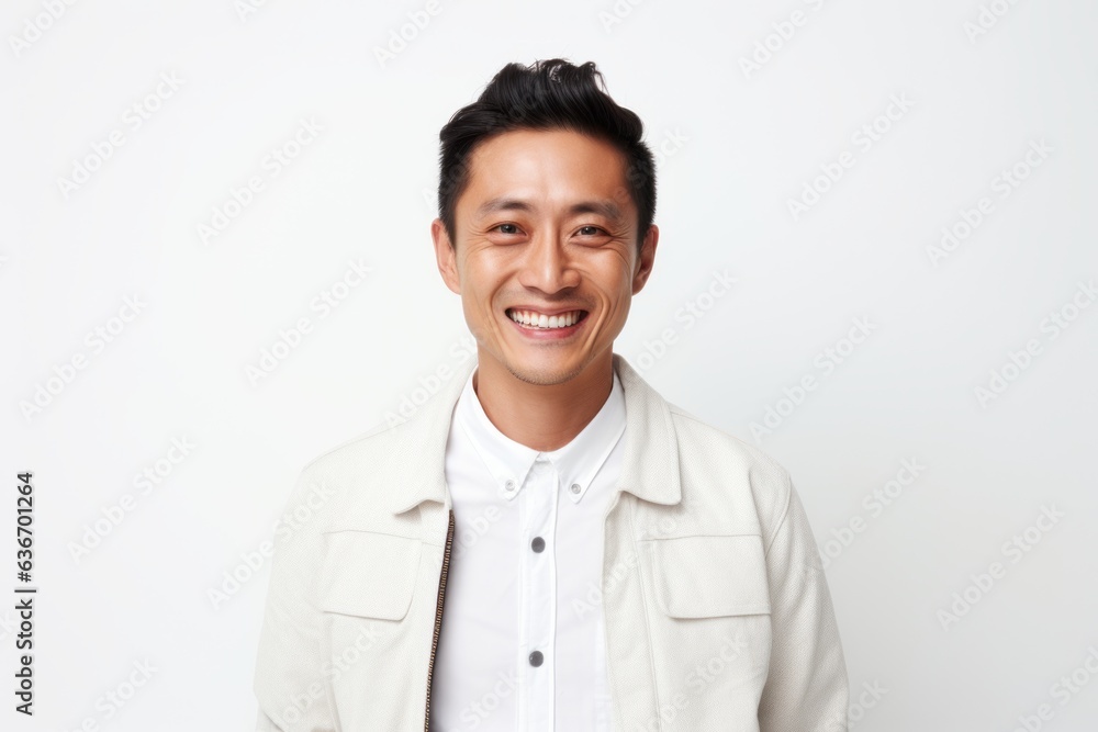 Medium shot portrait of a Chinese man in his 30s in a white background wearing a chic cardigan Medium shot portrait of a Chinese man in his 30s in a white background wearing a chic cardigan