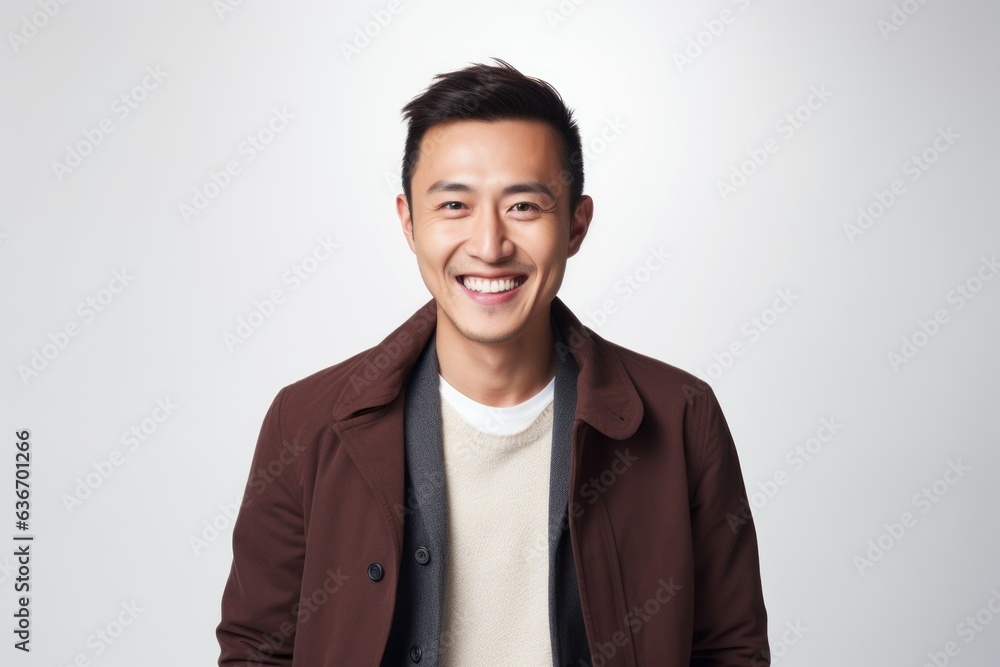 Medium shot portrait of a Chinese man in his 30s in a white background wearing a chic cardigan Medium shot portrait of a Chinese man in his 30s in a white background wearing a chic cardigan