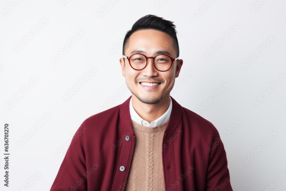 Medium shot portrait of a Chinese man in his 30s in a white background wearing a chic cardigan