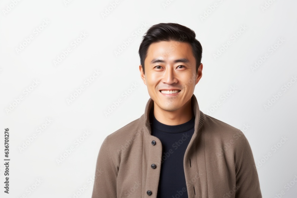 Medium shot portrait of a Chinese man in his 30s in a white background wearing a chic cardigan Medium shot portrait of a Chinese man in his 30s in a white background wearing a chic cardigan