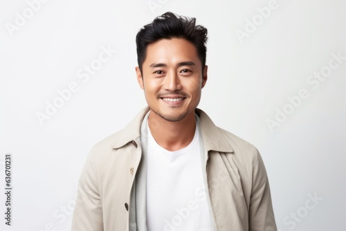 Medium shot portrait of a Chinese man in his 30s in a white background wearing a chic cardigan