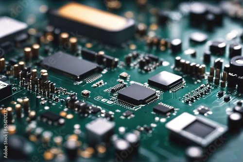 Electronic circuit board with processor, technology background.