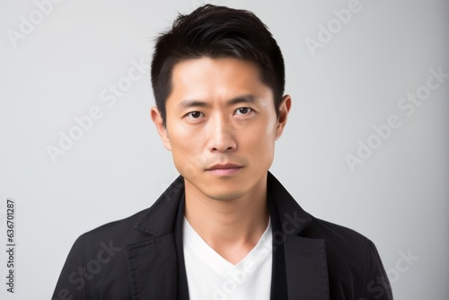 Close-up portrait of a Chinese man in his 30s in a white background wearing a chic cardigan