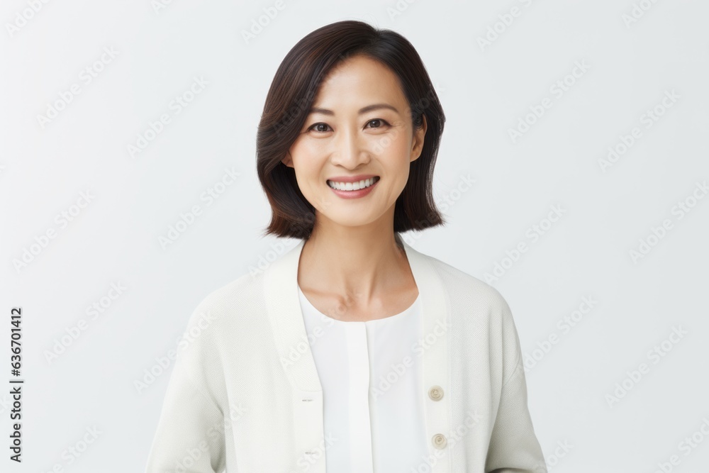 Medium shot portrait of a Chinese woman in her 40s in a white background wearing a chic cardigan Medium shot portrait of a Chinese woman in her 40s in a white background wearing a chic cardigan