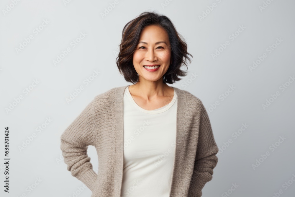 Lifestyle portrait of a Chinese woman in her 40s in a white background wearing a chic cardigan Lifestyle portrait of a Chinese woman in her 40s in a white background wearing a chic cardigan
