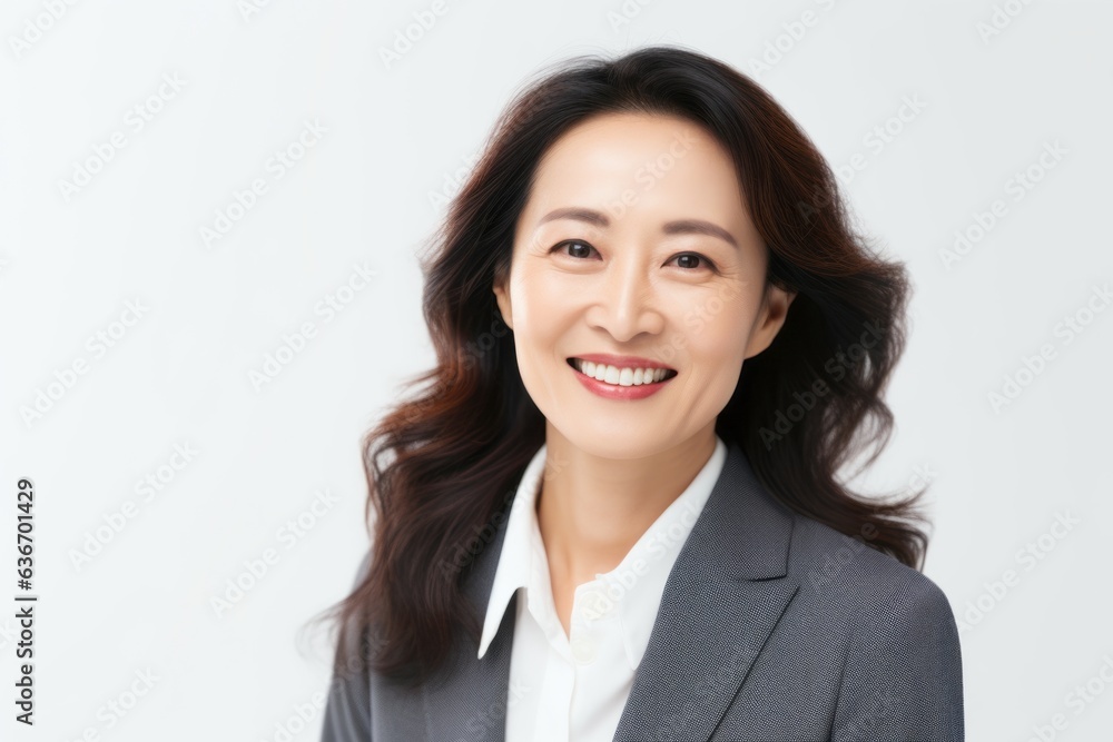 Medium shot portrait of a Chinese woman in her 40s in a white background wearing a classic blazer Medium shot portrait of a Chinese woman in her 40s in a white background wearing a classic blazer