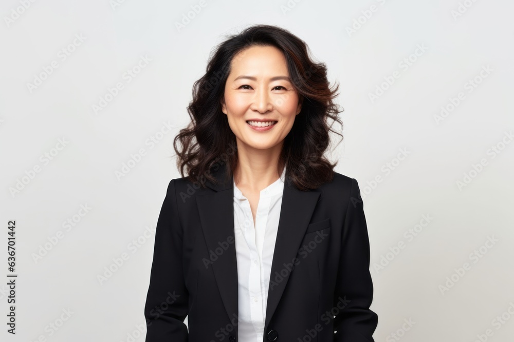 Medium shot portrait of a Chinese woman in her 40s in a white background wearing a classic blazer Medium shot portrait of a Chinese woman in her 40s in a white background wearing a classic blazer