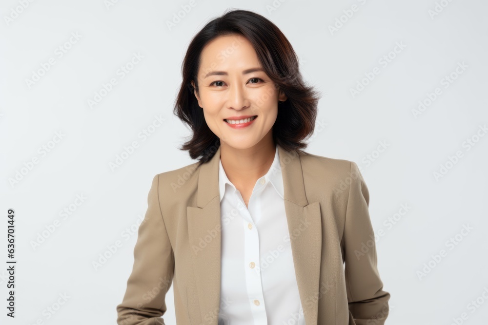 Medium shot portrait of a Chinese woman in her 40s in a white background wearing a classic blazer Medium shot portrait of a Chinese woman in her 40s in a white background wearing a classic blazer