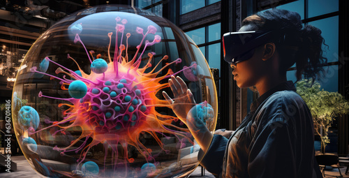 Woman wearing AR/VR goggles viewing a 3D model of a cancer cell at home in her living room