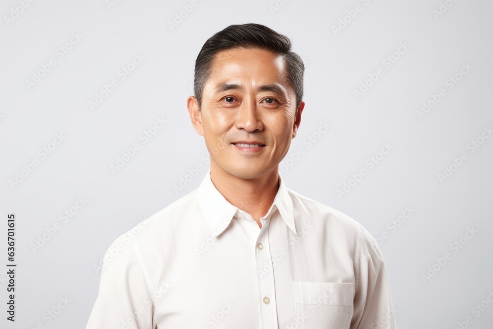 Medium shot portrait of a Chinese man in his 40s in a white background wearing a simple tunic Medium shot portrait of a Chinese man in his 40s in a white background wearing a simple tunic