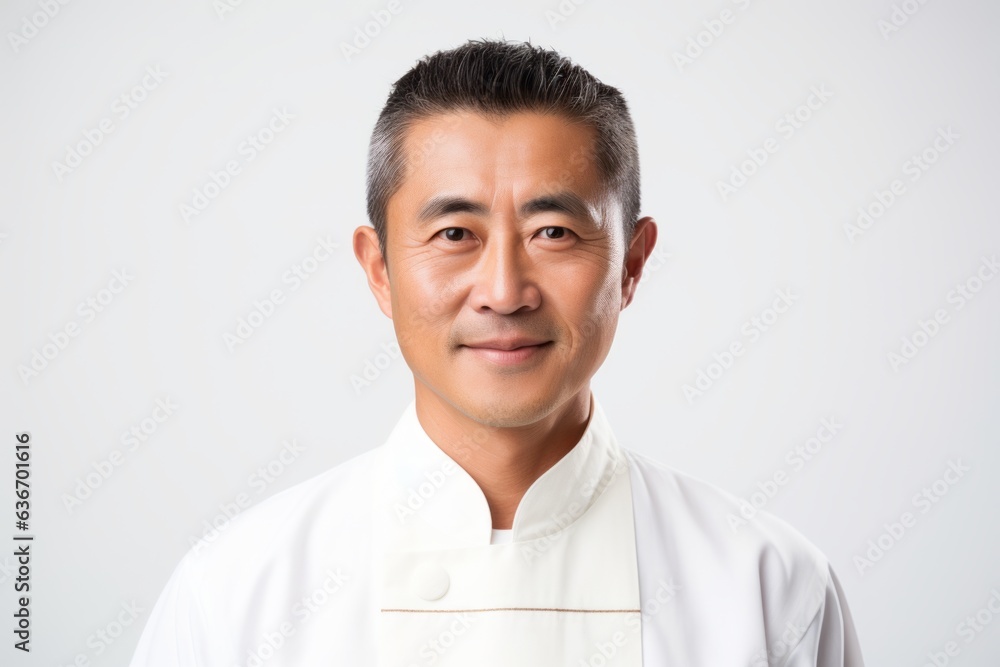 Lifestyle portrait of a Chinese man in his 40s in a white background wearing a simple tunic Lifestyle portrait of a Chinese man in his 40s in a white background wearing a simple tunic