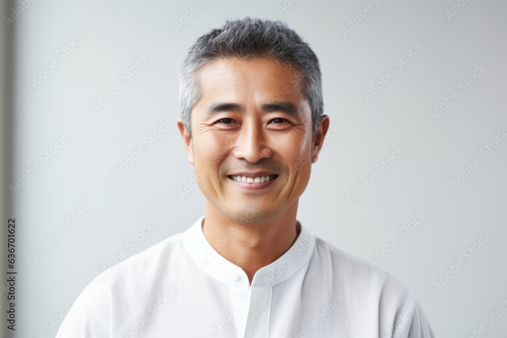 Lifestyle portrait of a Chinese man in his 40s in a white background wearing a simple tunic Lifestyle portrait of a Chinese man in his 40s in a white background wearing a simple tunic