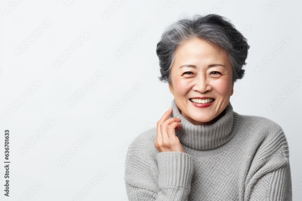 Medium shot portrait of a Chinese woman in her 50s in a white background wearing a cozy sweater Medium shot portrait of a Chinese woman in her 50s in a white background wearing a cozy sweater