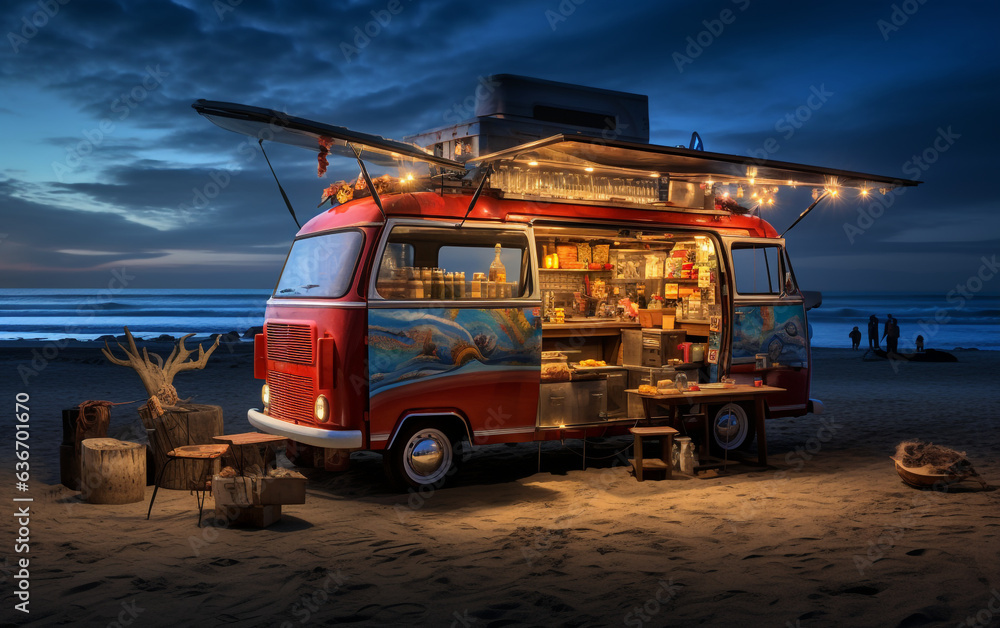 A picturesque scene of a food truck caravan situated on a serene beach setting, offering a delightful culinary experience by the ocean.