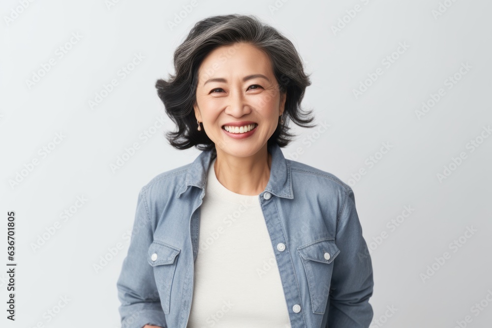 Medium shot portrait of a Chinese woman in her 50s in a white background wearing a denim jacket Medium shot portrait of a Chinese woman in her 50s in a white background wearing a denim jacket