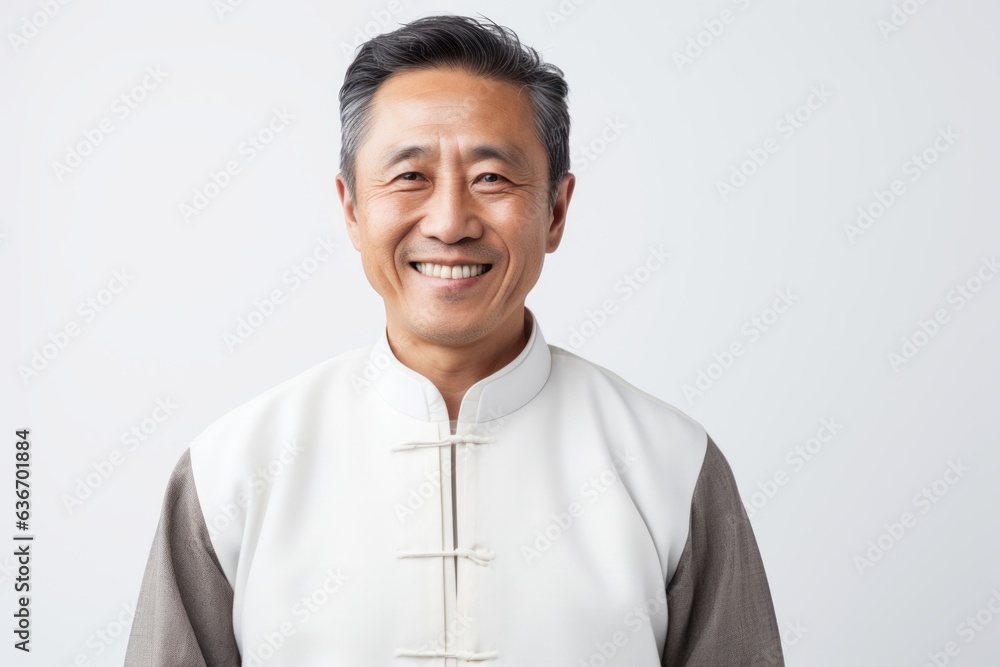 Portrait of smiling mature asian priest standing over white background. Portrait of smiling mature asian priest standing over white background.