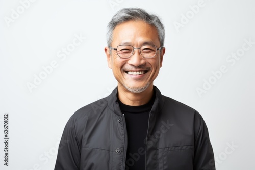 Portrait of happy asian senior man in black jacket and glasses
