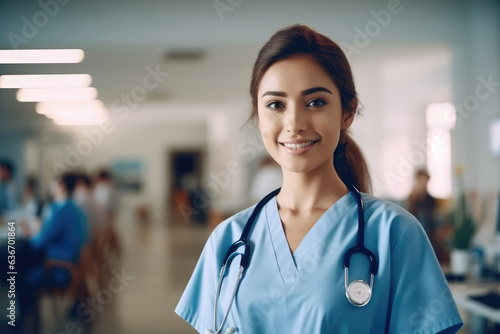 Portrait of a smiling female doctor with stethoscope standing in hospital corridor