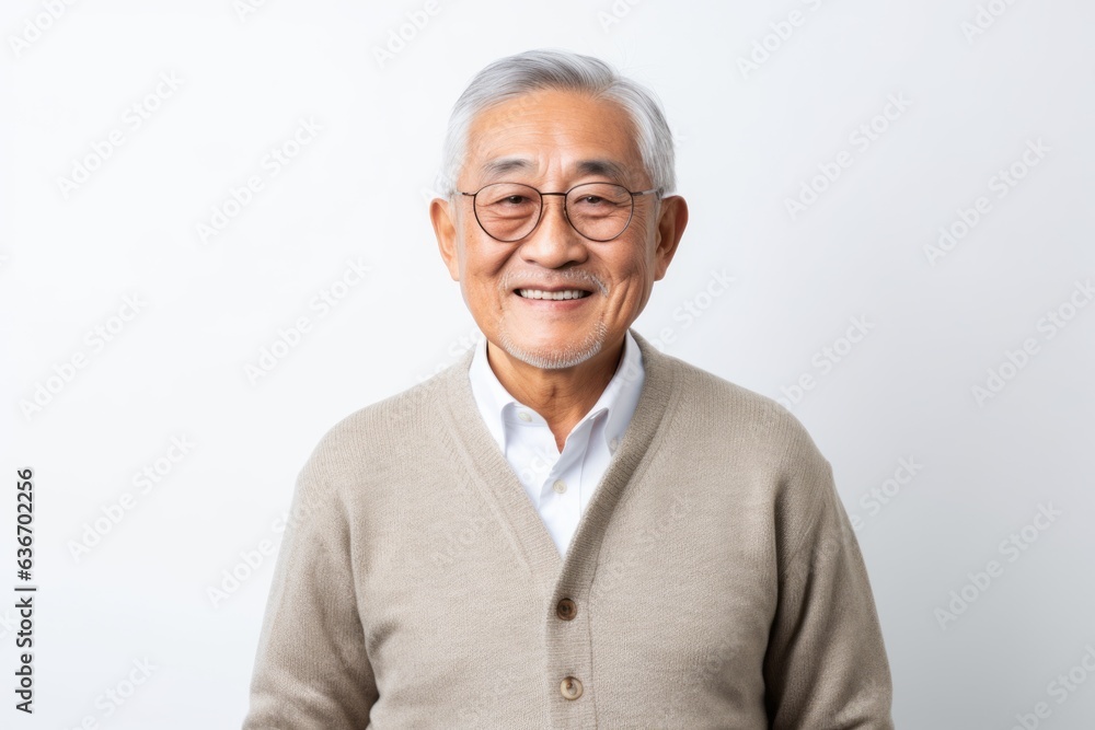 Lifestyle portrait of a Chinese man in his 70s in a white background wearing a chic cardigan Lifestyle portrait of a Chinese man in his 70s in a white background wearing a chic cardigan