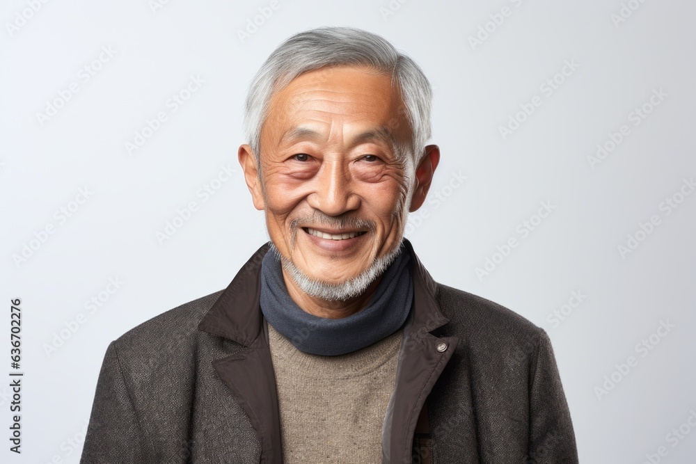 Lifestyle portrait of a Chinese man in his 70s in a white background wearing a chic cardigan Lifestyle portrait of a Chinese man in his 70s in a white background wearing a chic cardigan