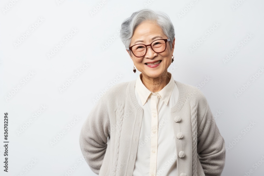Group portrait of a Chinese woman in her 80s in a white background wearing a chic cardigan Group portrait of a Chinese woman in her 80s in a white background wearing a chic cardigan