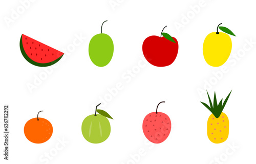 Fototapeta Naklejka Na Ścianę i Meble -  Fruit vector set. Colorful fruit icon design in white background. Apple, mango, orange etc. graphic design element or elements.