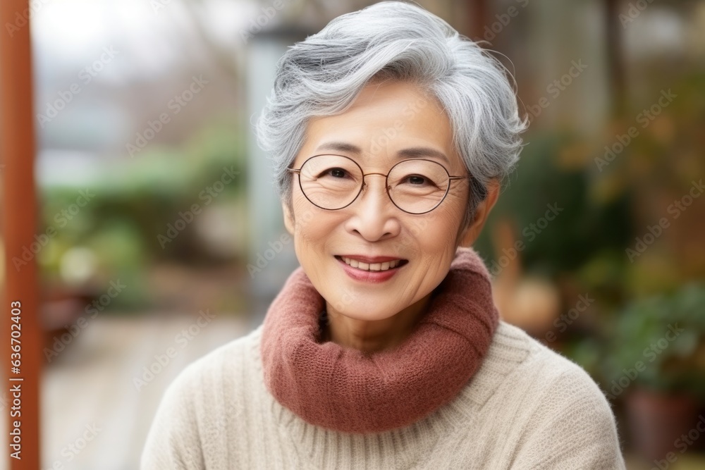 Medium shot portrait of a Chinese woman in her 90s wearing a cozy sweater
