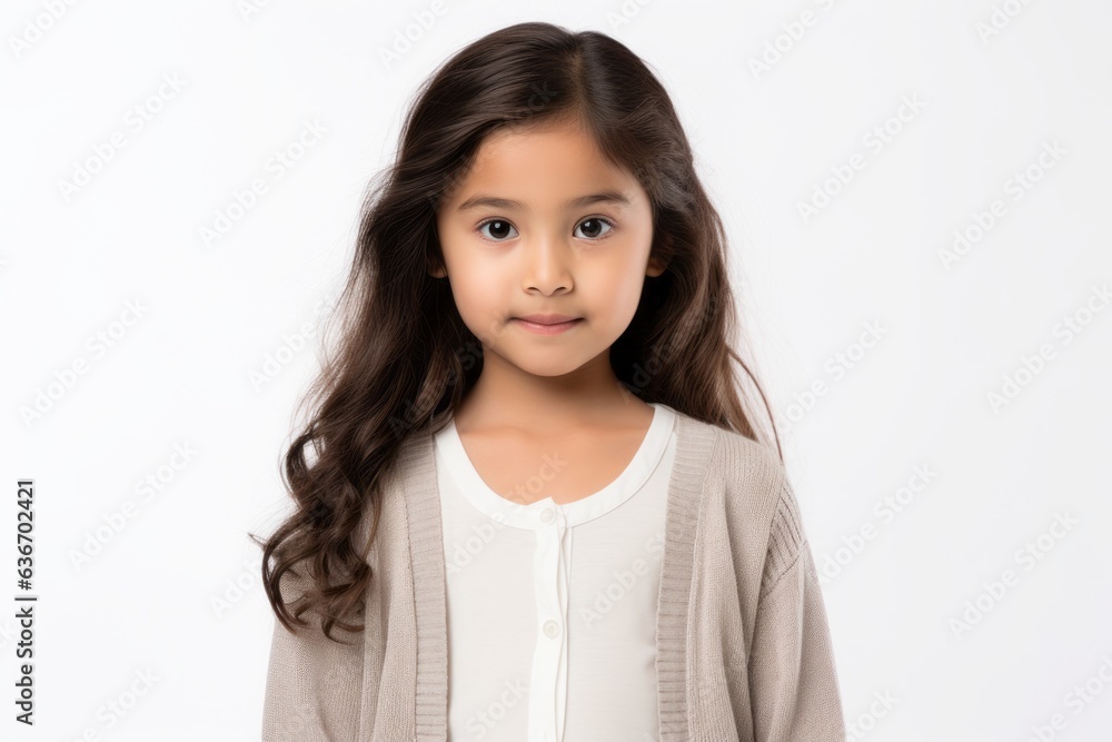 Lifestyle portrait of a Indonesian child female in a white background wearing a chic cardigan Lifestyle portrait of a Indonesian child female in a white background wearing a chic cardigan