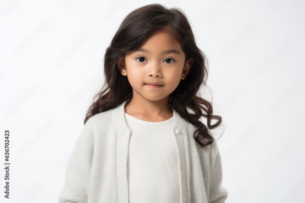 Lifestyle portrait of a Indonesian child female in a white background wearing a chic cardigan Lifestyle portrait of a Indonesian child female in a white background wearing a chic cardigan