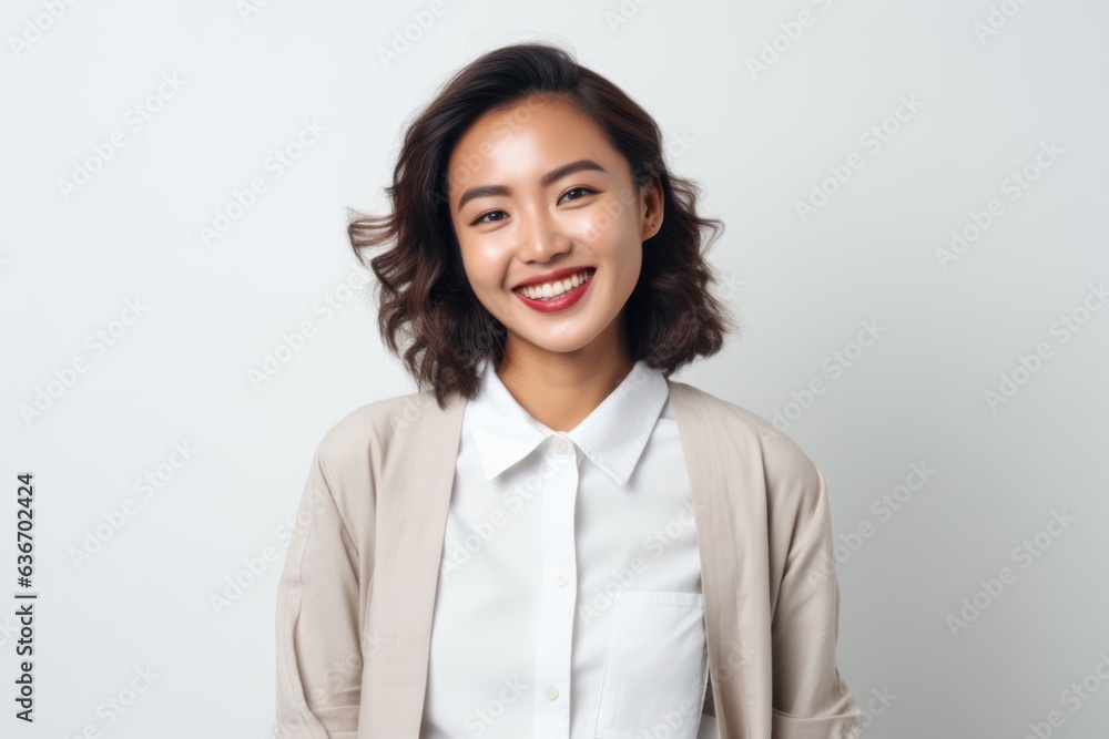 Medium shot portrait of a Indonesian woman in her 20s in a white background wearing a chic cardigan Medium shot portrait of a Indonesian woman in her 20s in a white background wearing a chic cardigan