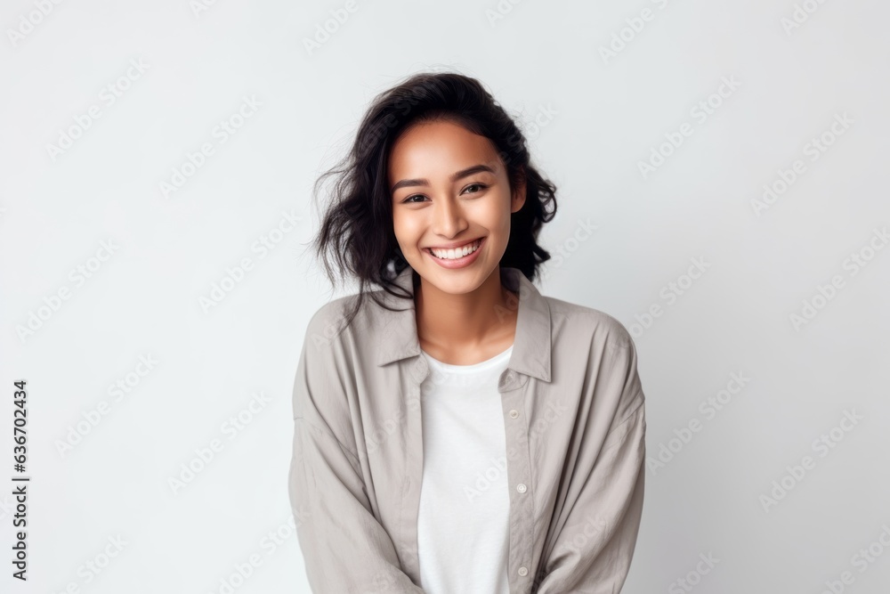 Medium shot portrait of a Indonesian woman in her 20s in a white background wearing a chic cardigan Medium shot portrait of a Indonesian woman in her 20s in a white background wearing a chic cardigan