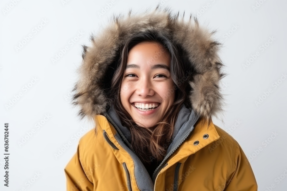 Medium shot portrait of a Indonesian woman in her 20s in a white background wearing a warm parka Medium shot portrait of a Indonesian woman in her 20s in a white background wearing a warm parka