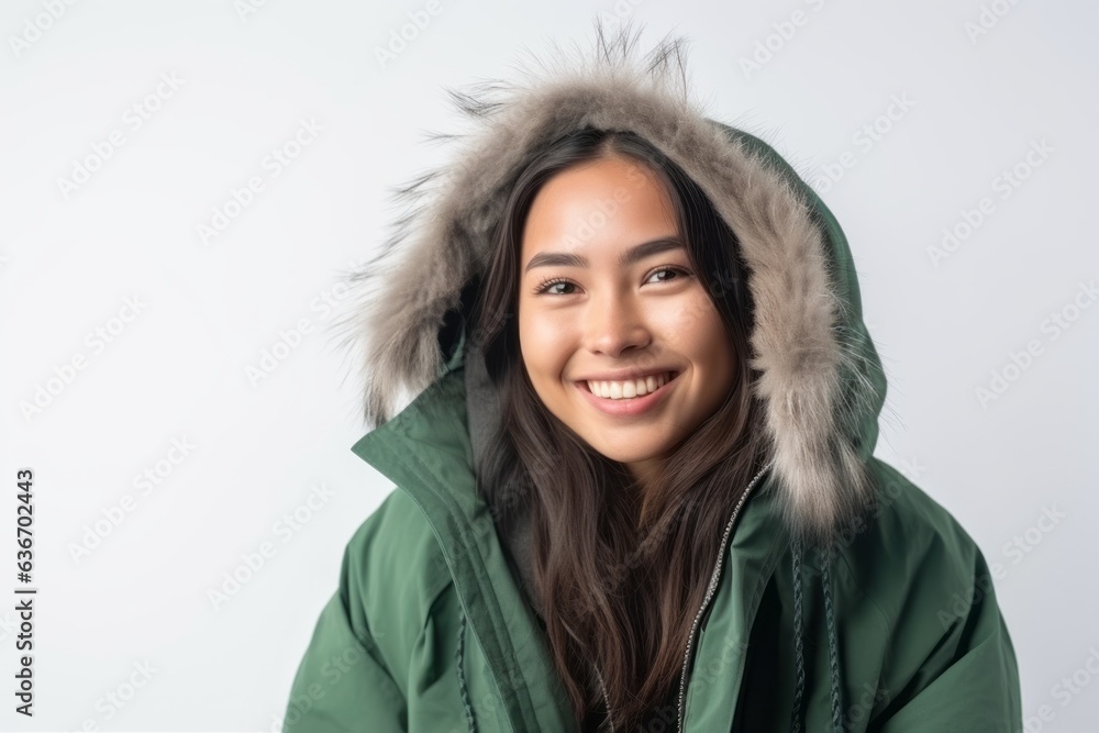 Medium shot portrait of a Indonesian woman in her 20s in a white background wearing a warm parka Medium shot portrait of a Indonesian woman in her 20s in a white background wearing a warm parka