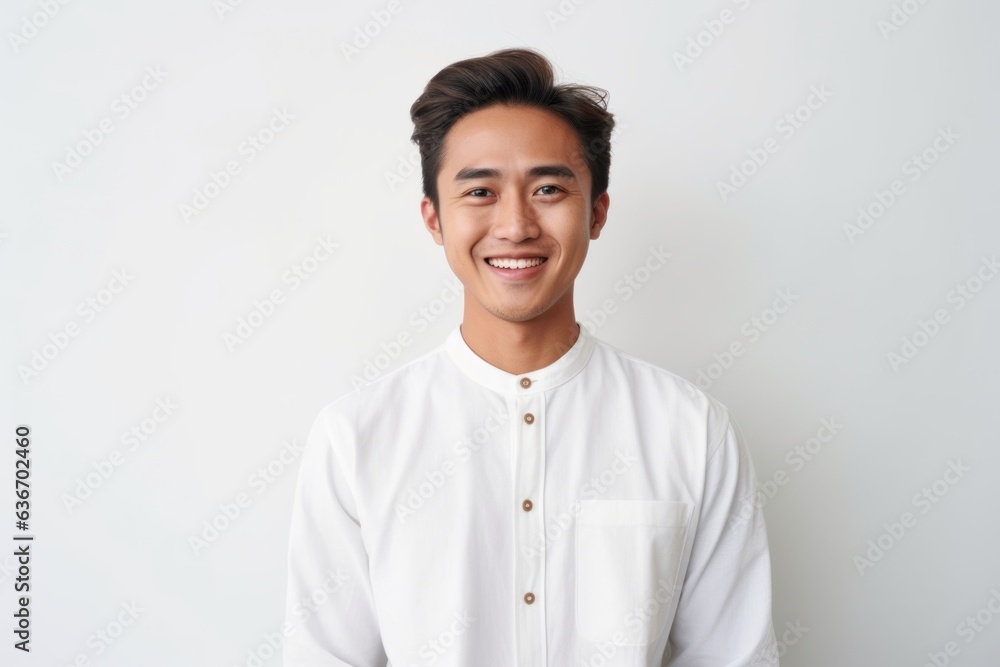 Medium shot portrait of a Indonesian man in his 20s in a white background wearing a chic cardigan Medium shot portrait of a Indonesian man in his 20s in a white background wearing a chic cardigan