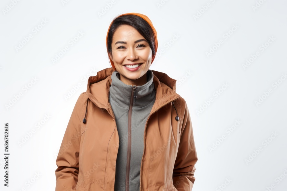 Portrait of a smiling asian woman wearing winter jacket isolated on a white background
